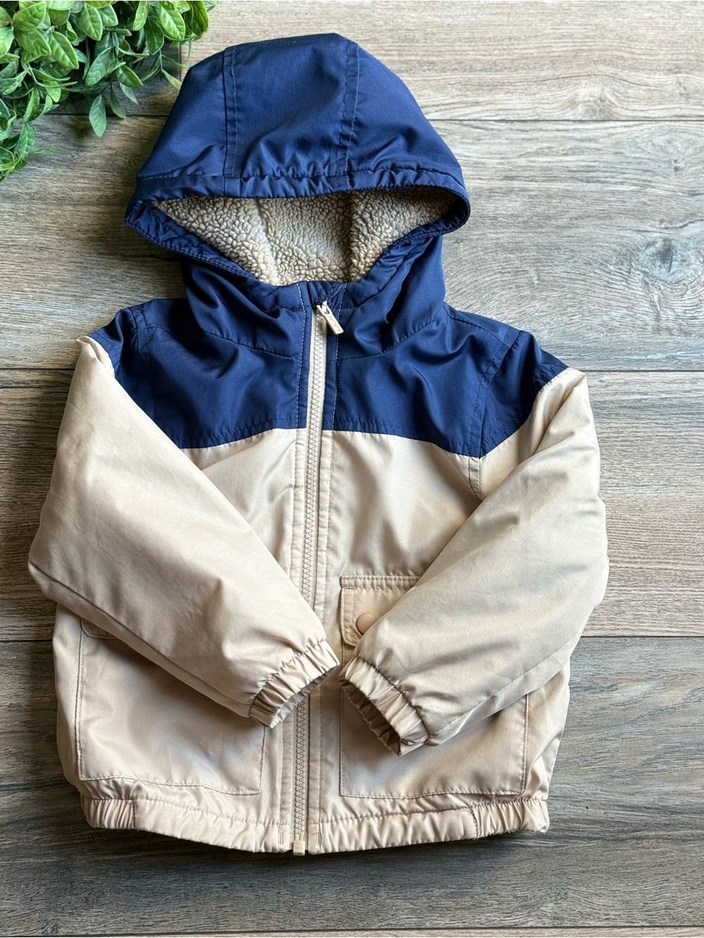 Carter's Two-Tone Hooded Puffer Jacket in Navy & Tan